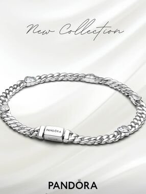 PANDORA CZ STERLING SILVER HEART CUBAN BRACELET. NEW!